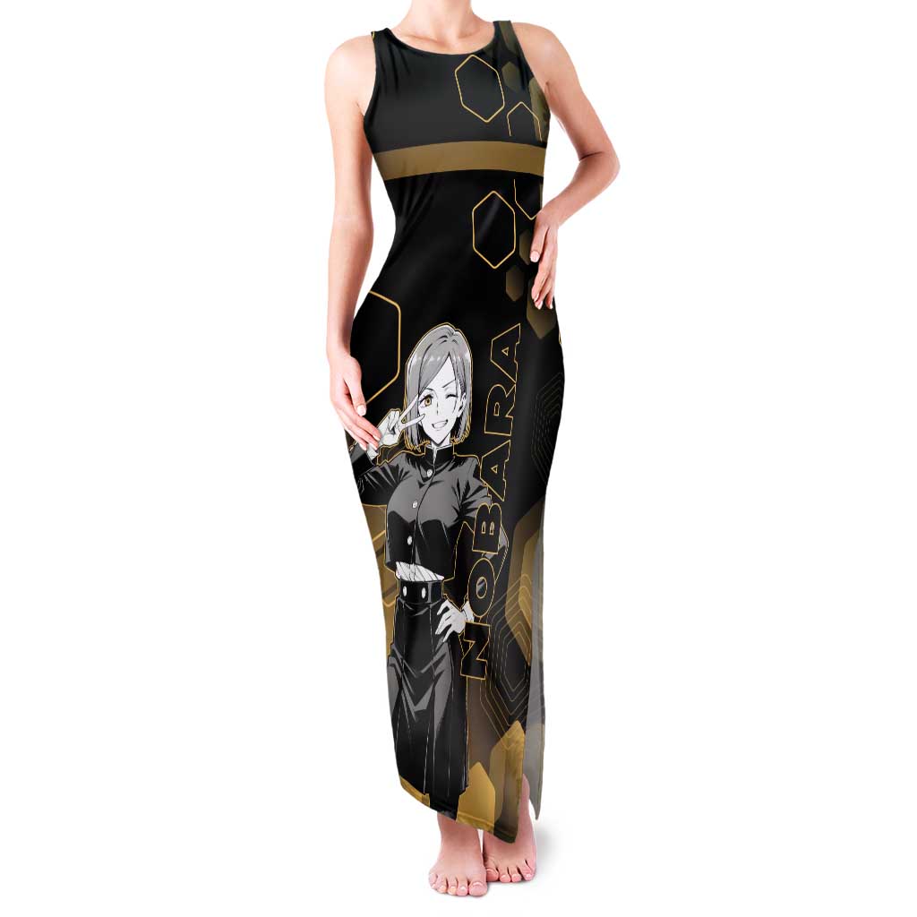 Nobara Kugisaki Jujutsu Kaisen Gold Hexagon Design Tank Maxi Dress with Confident Expressions and Manga Style Art - The Mazicc