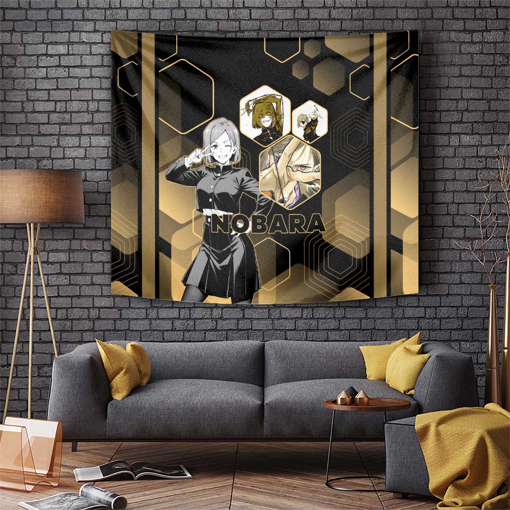 Nobara Kugisaki Jujutsu Kaisen Gold Hexagon Design Tapestry with Confident Expressions and Manga Style Art - The Mazicc