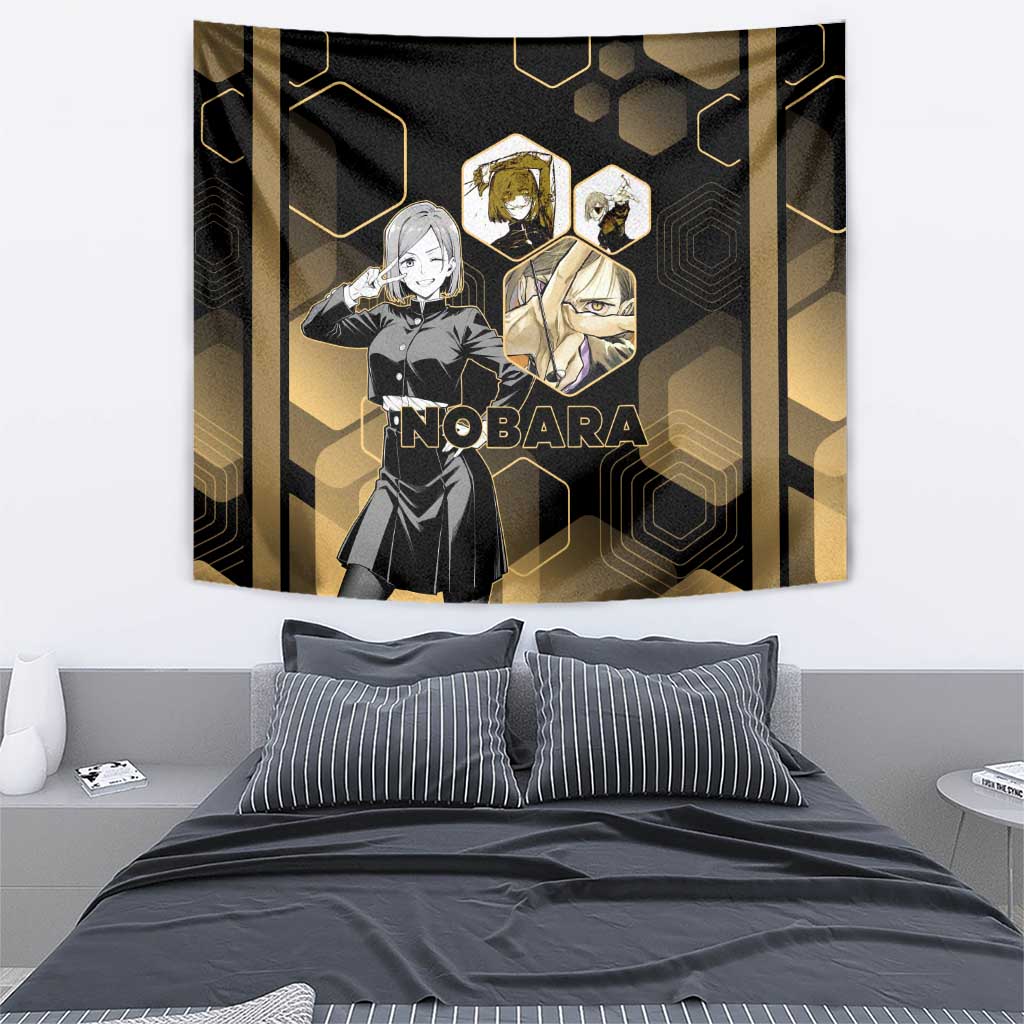 Nobara Kugisaki Jujutsu Kaisen Gold Hexagon Design Tapestry with Confident Expressions and Manga Style Art - The Mazicc