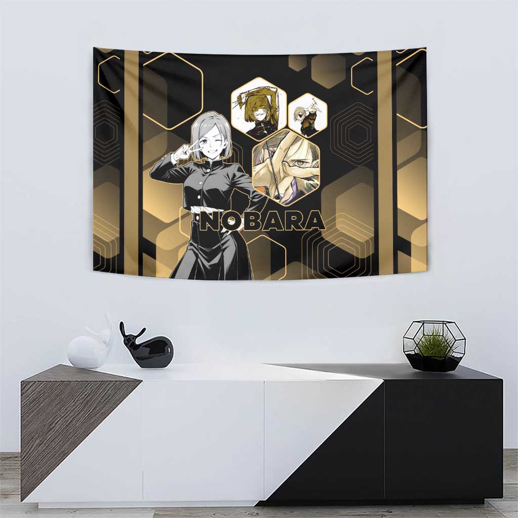 Nobara Kugisaki Jujutsu Kaisen Gold Hexagon Design Tapestry with Confident Expressions and Manga Style Art - The Mazicc
