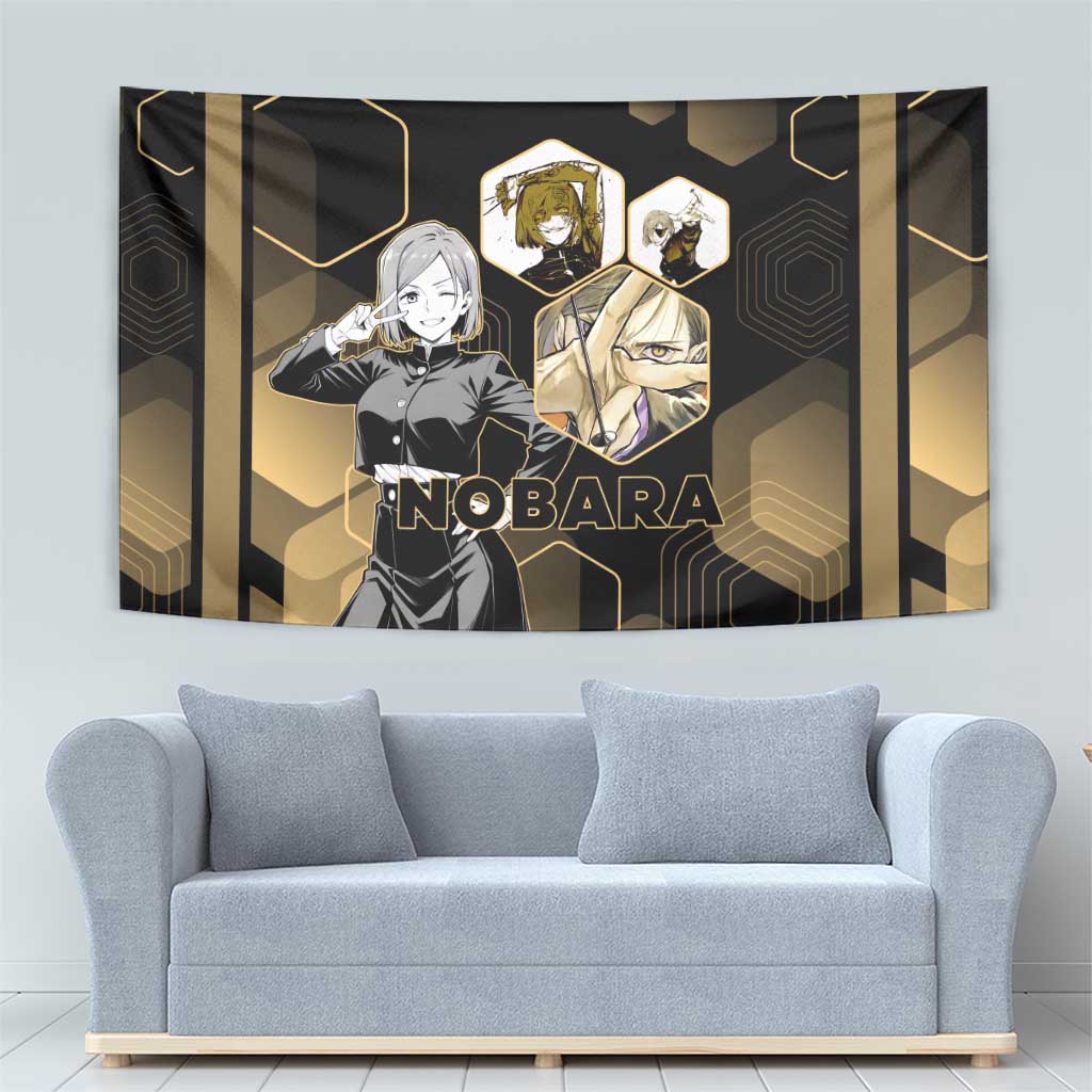 Nobara Kugisaki Jujutsu Kaisen Gold Hexagon Design Tapestry with Confident Expressions and Manga Style Art - The Mazicc
