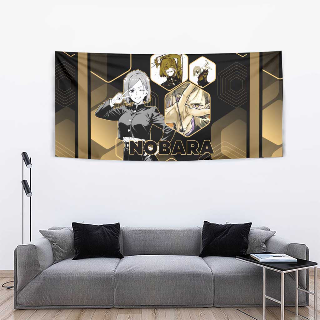 Nobara Kugisaki Jujutsu Kaisen Gold Hexagon Design Tapestry with Confident Expressions and Manga Style Art - The Mazicc