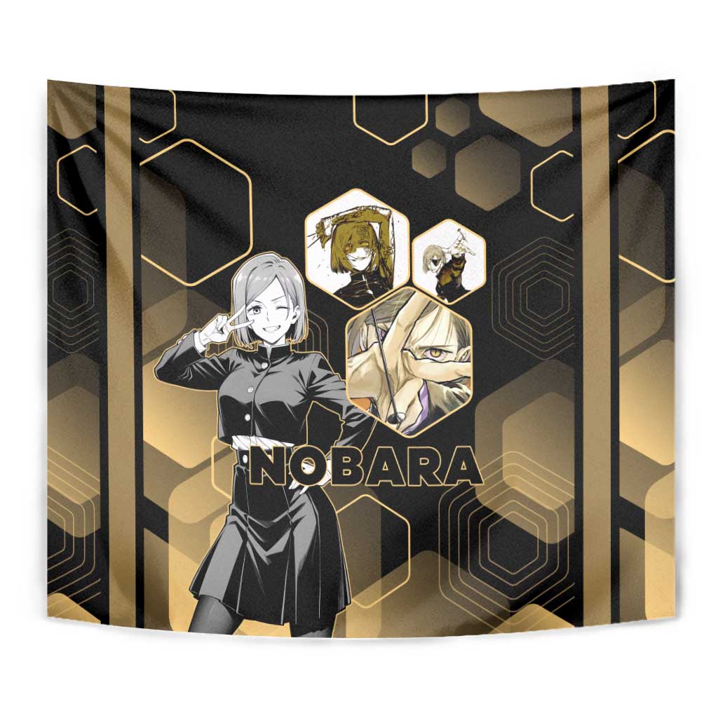 Nobara Kugisaki Jujutsu Kaisen Gold Hexagon Design Tapestry with Confident Expressions and Manga Style Art - The Mazicc