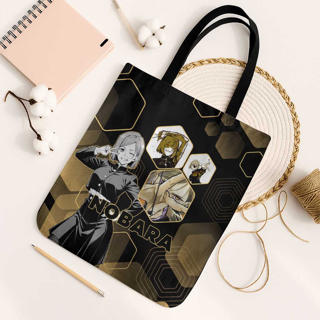 Nobara Kugisaki Jujutsu Kaisen Gold Hexagon Design Tote Bag with Confident Expressions and Manga Style Art - The Mazicc