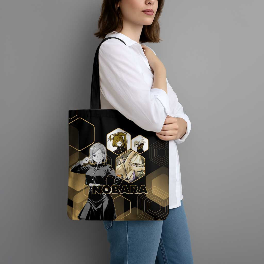 Nobara Kugisaki Jujutsu Kaisen Gold Hexagon Design Tote Bag with Confident Expressions and Manga Style Art - The Mazicc
