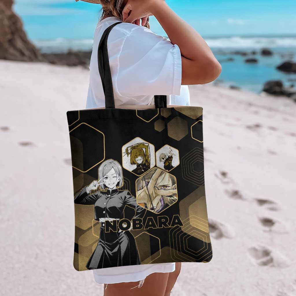 Nobara Kugisaki Jujutsu Kaisen Gold Hexagon Design Tote Bag with Confident Expressions and Manga Style Art - The Mazicc