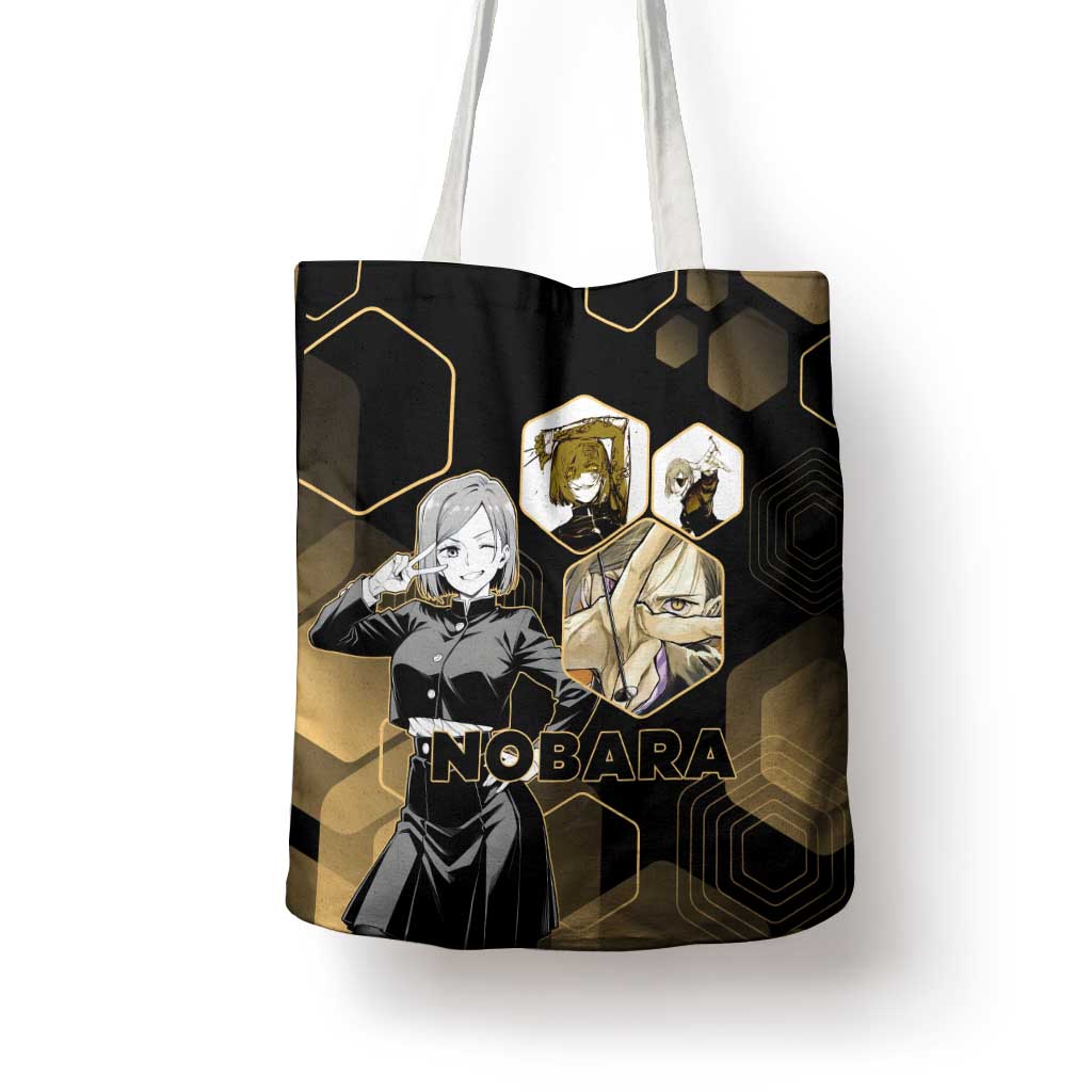 Nobara Kugisaki Jujutsu Kaisen Gold Hexagon Design Tote Bag with Confident Expressions and Manga Style Art - The Mazicc