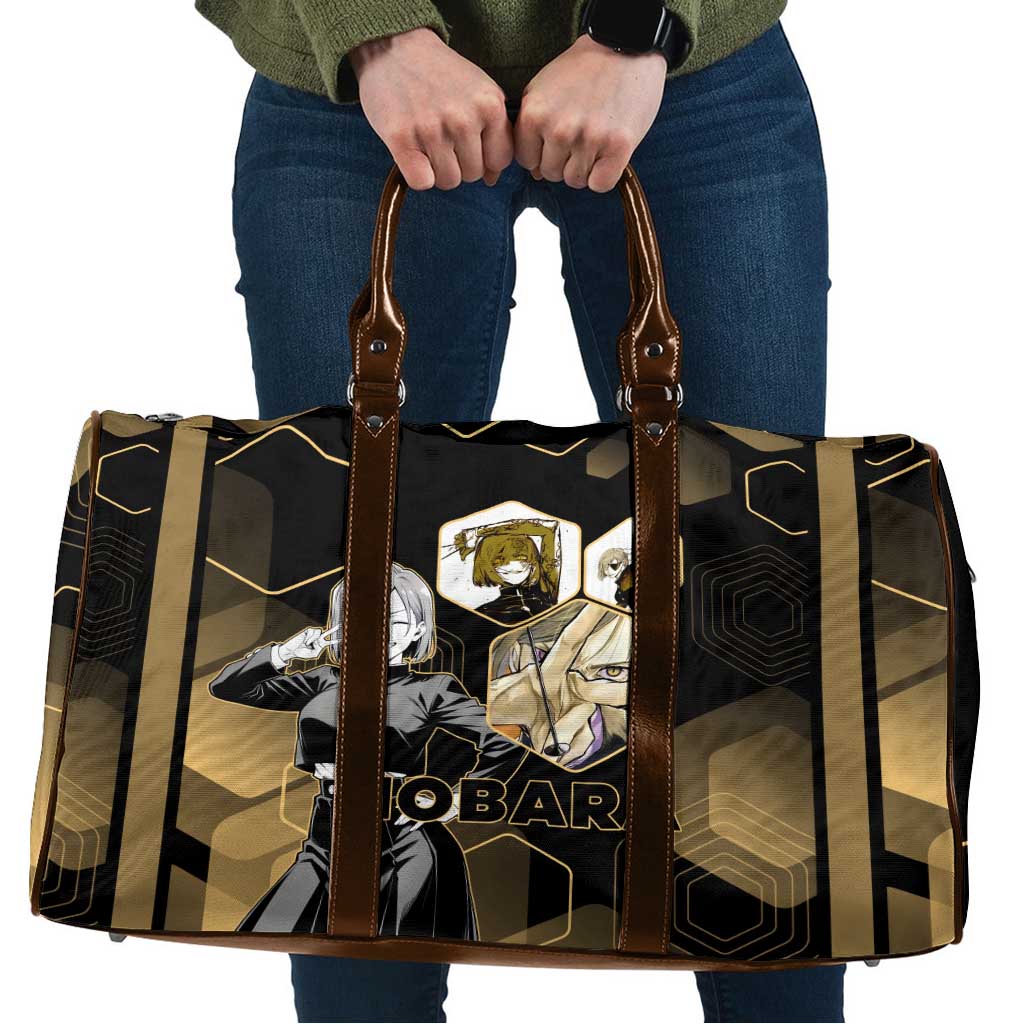 Nobara Kugisaki Jujutsu Kaisen Gold Hexagon Design Travel Bag with Confident Expressions and Manga Style Art - The Mazicc