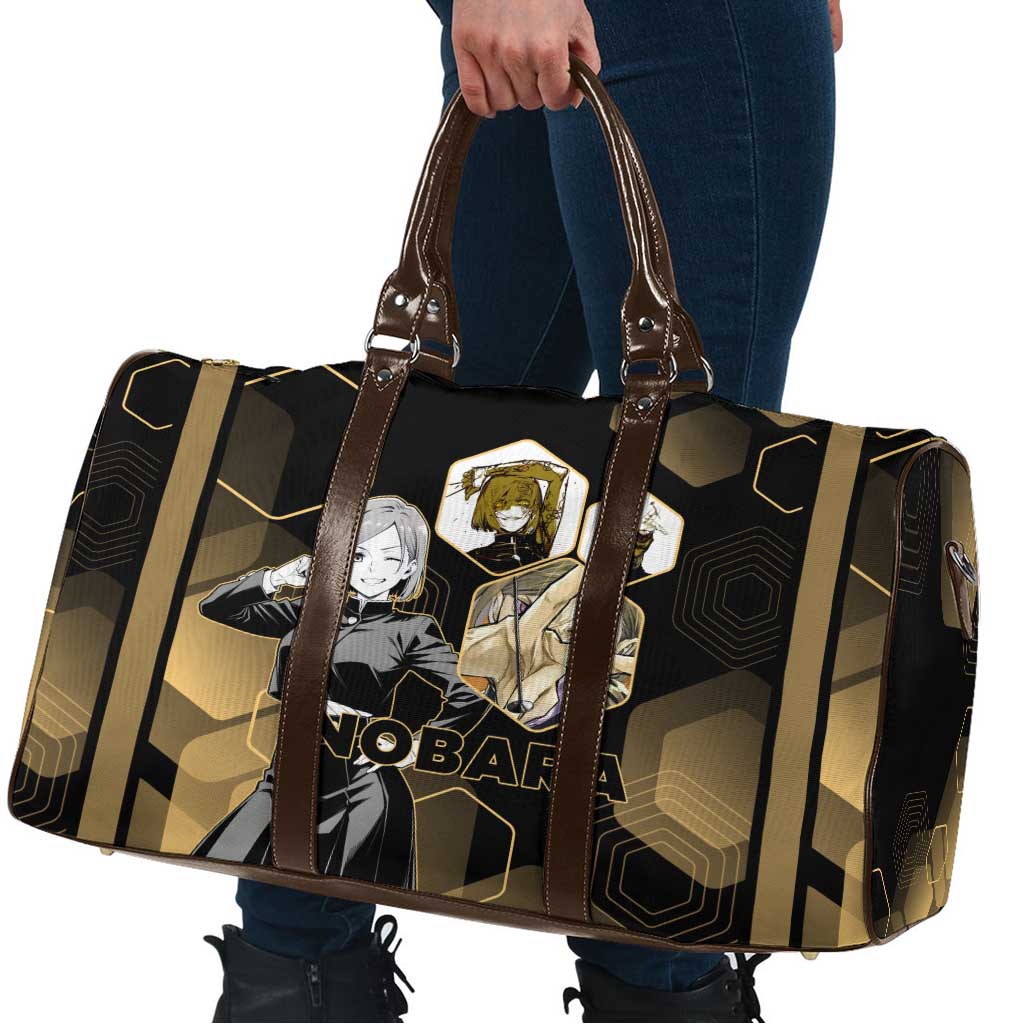 Nobara Kugisaki Jujutsu Kaisen Gold Hexagon Design Travel Bag with Confident Expressions and Manga Style Art - The Mazicc