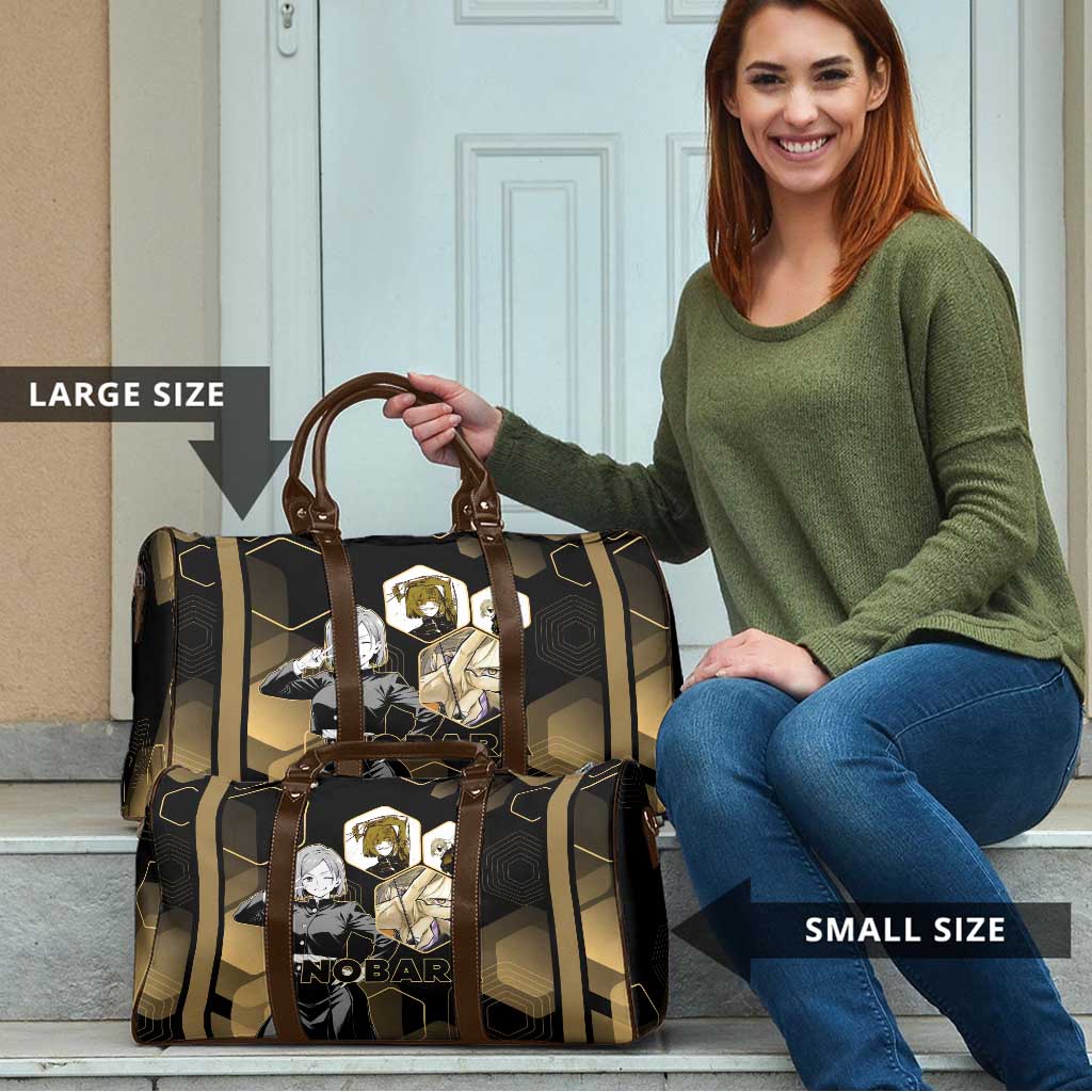 Nobara Kugisaki Jujutsu Kaisen Gold Hexagon Design Travel Bag with Confident Expressions and Manga Style Art - The Mazicc
