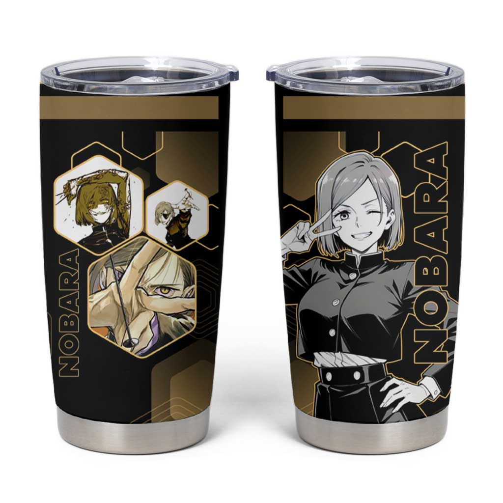 Nobara Kugisaki Jujutsu Kaisen Gold Hexagon Design Tumbler Cup with Confident Expressions and Manga Style Art - The Mazicc