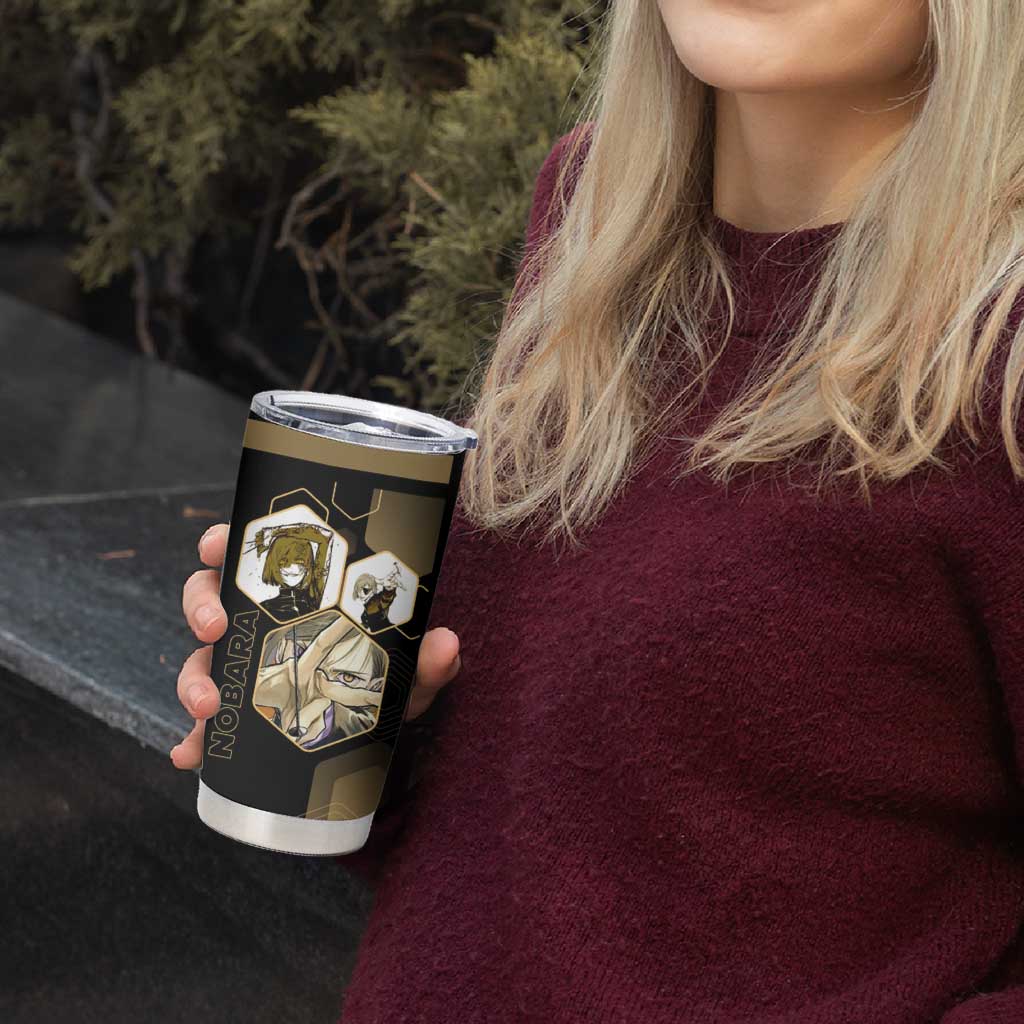 Nobara Kugisaki Jujutsu Kaisen Gold Hexagon Design Tumbler Cup with Confident Expressions and Manga Style Art - The Mazicc