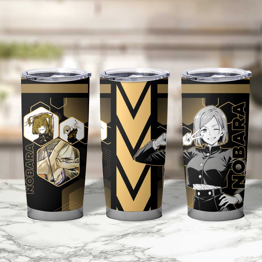 Nobara Kugisaki Jujutsu Kaisen Gold Hexagon Design Tumbler Cup with Confident Expressions and Manga Style Art - The Mazicc