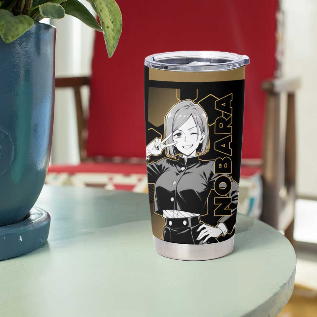Nobara Kugisaki Jujutsu Kaisen Gold Hexagon Design Tumbler Cup with Confident Expressions and Manga Style Art - The Mazicc