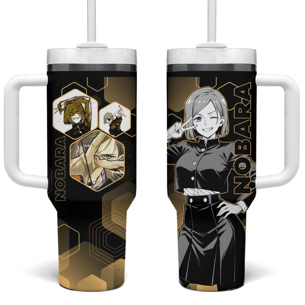 Nobara Kugisaki Jujutsu Kaisen Gold Hexagon Design Tumbler With Handle with Confident Expressions and Manga Style Art - The Mazicc
