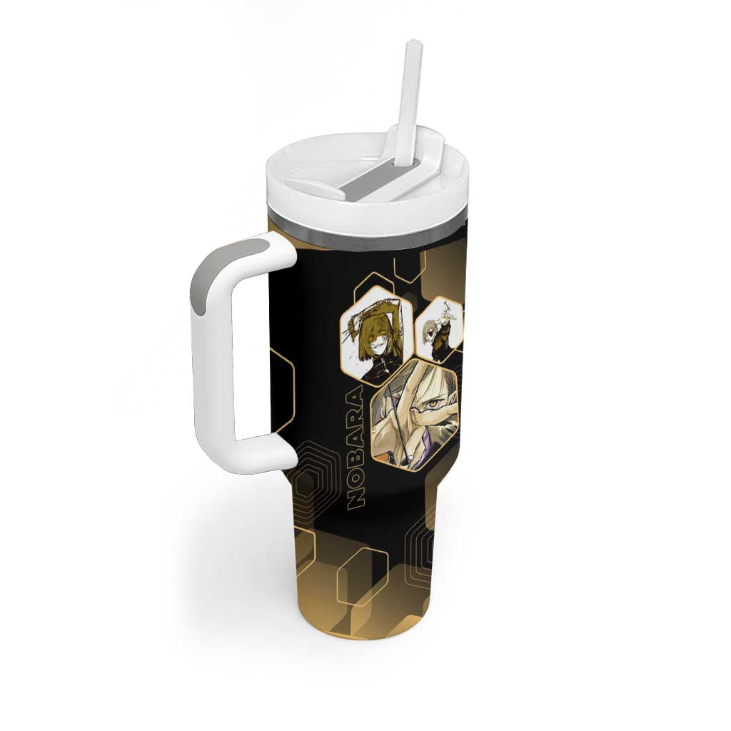 Nobara Kugisaki Jujutsu Kaisen Gold Hexagon Design Tumbler With Handle with Confident Expressions and Manga Style Art - The Mazicc