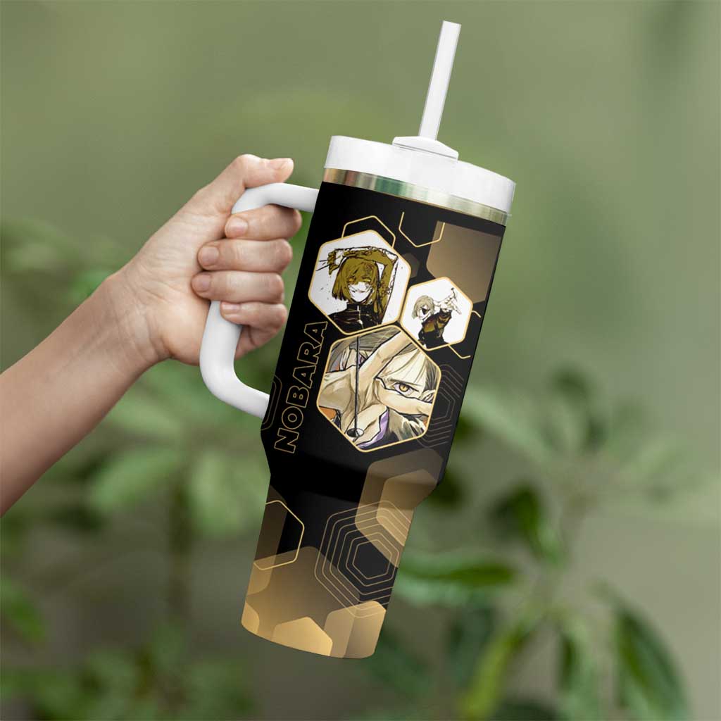 Nobara Kugisaki Jujutsu Kaisen Gold Hexagon Design Tumbler With Handle with Confident Expressions and Manga Style Art - The Mazicc