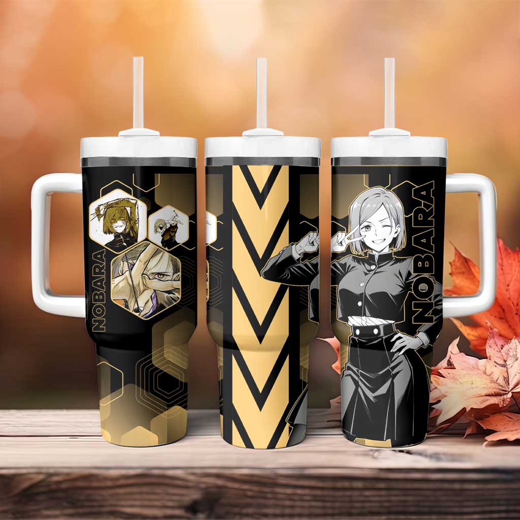 Nobara Kugisaki Jujutsu Kaisen Gold Hexagon Design Tumbler With Handle with Confident Expressions and Manga Style Art - The Mazicc