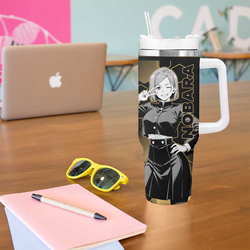 Nobara Kugisaki Jujutsu Kaisen Gold Hexagon Design Tumbler With Handle with Confident Expressions and Manga Style Art - The Mazicc