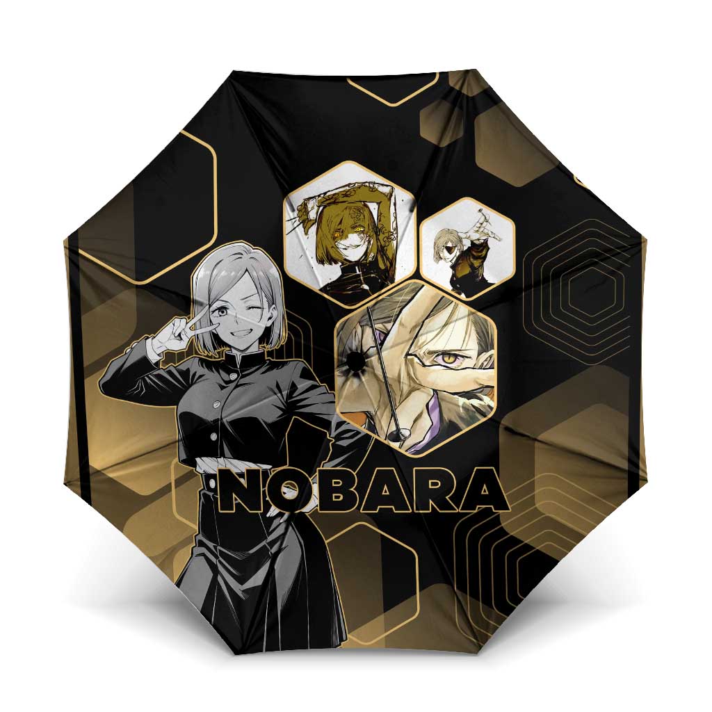 Nobara Kugisaki Jujutsu Kaisen Gold Hexagon Design Umbrella with Confident Expressions and Manga Style Art - The Mazicc
