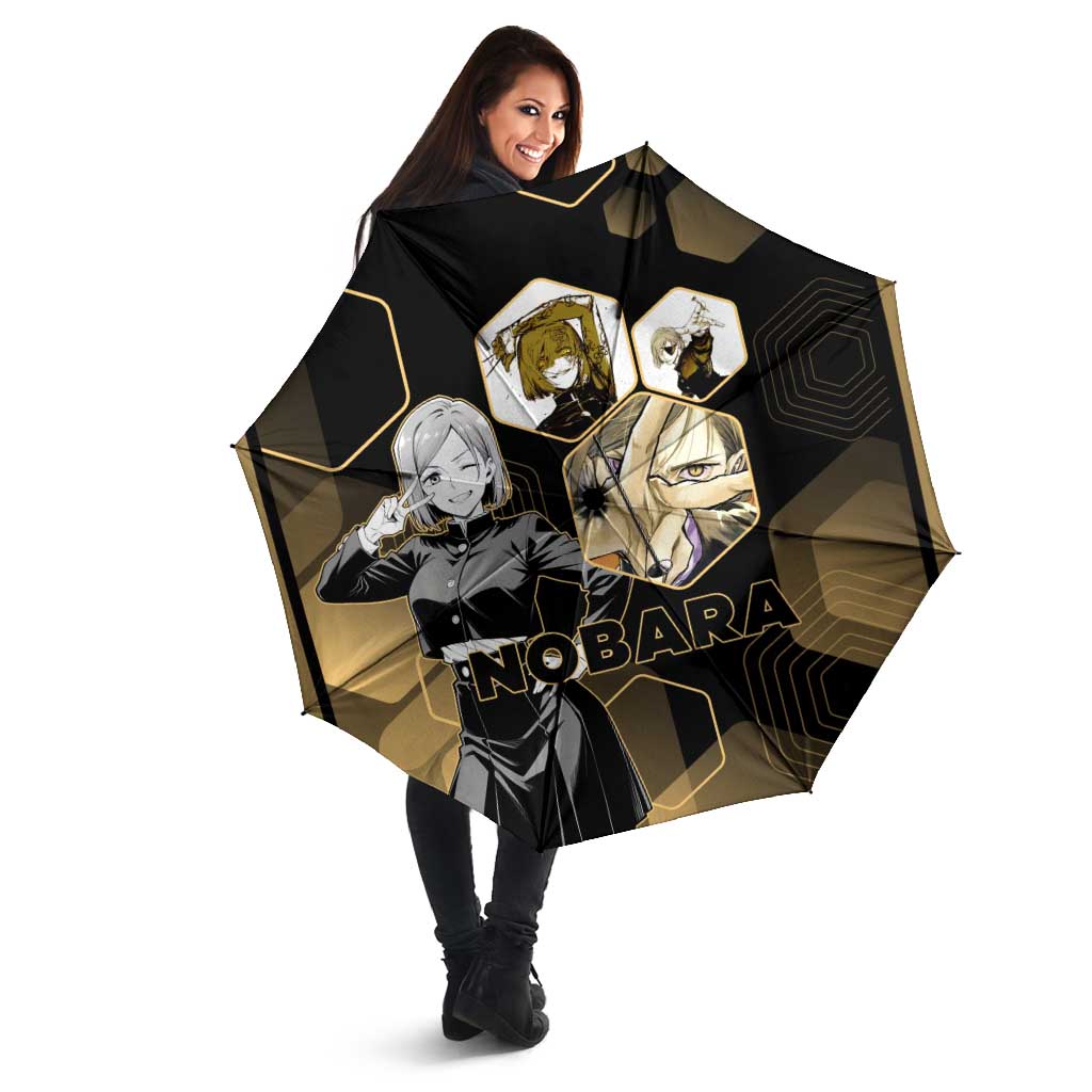 Nobara Kugisaki Jujutsu Kaisen Gold Hexagon Design Umbrella with Confident Expressions and Manga Style Art - The Mazicc