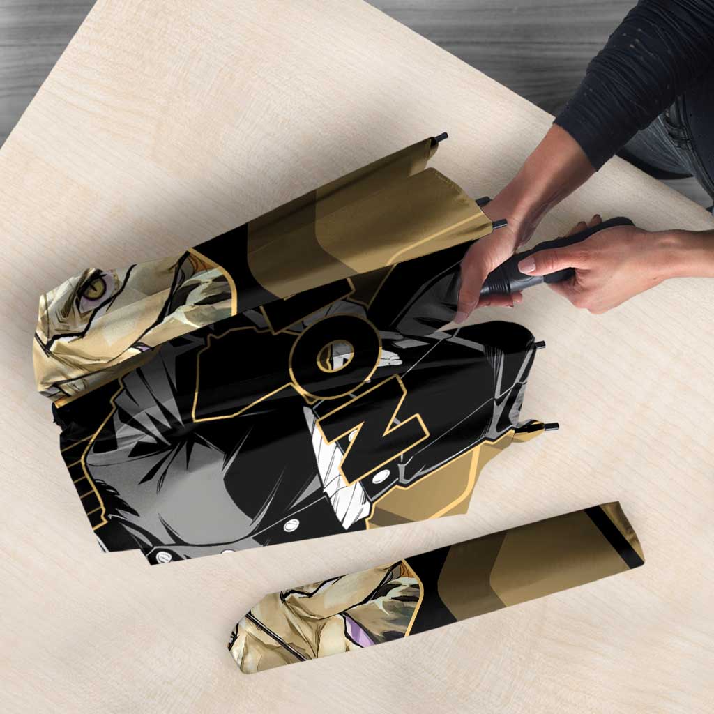 Nobara Kugisaki Jujutsu Kaisen Gold Hexagon Design Umbrella with Confident Expressions and Manga Style Art - The Mazicc
