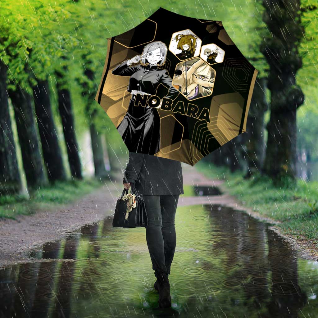 Nobara Kugisaki Jujutsu Kaisen Gold Hexagon Design Umbrella with Confident Expressions and Manga Style Art - The Mazicc