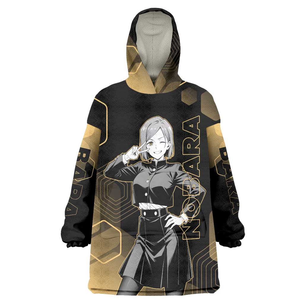 Nobara Kugisaki Jujutsu Kaisen Gold Hexagon Design Wearable Blanket Hoodie with Confident Expressions and Manga Style Art - The Mazicc
