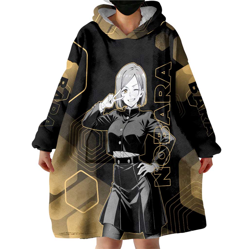 Nobara Kugisaki Jujutsu Kaisen Gold Hexagon Design Wearable Blanket Hoodie with Confident Expressions and Manga Style Art - The Mazicc