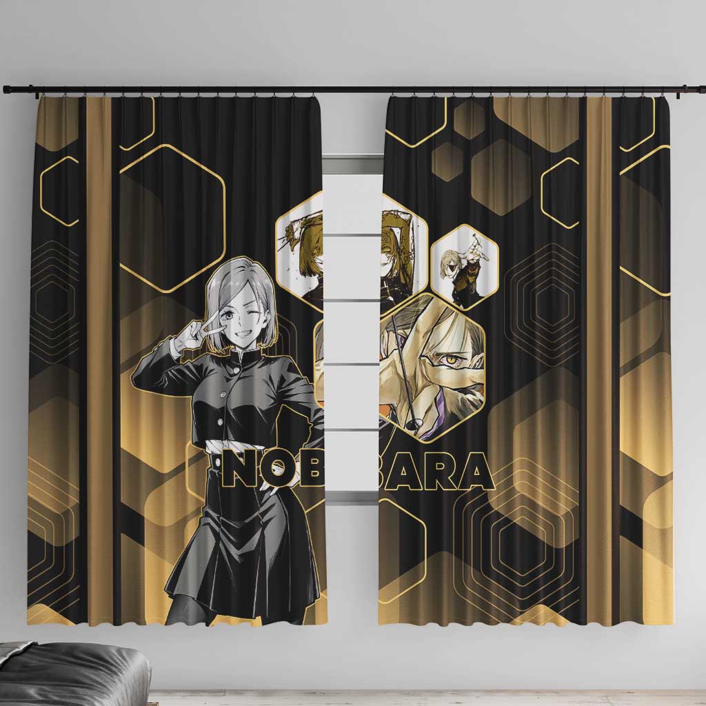 Nobara Kugisaki Jujutsu Kaisen Gold Hexagon Design Window Curtain with Confident Expressions and Manga Style Art - The Mazicc