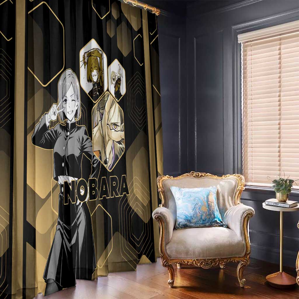 Nobara Kugisaki Jujutsu Kaisen Gold Hexagon Design Window Curtain with Confident Expressions and Manga Style Art - The Mazicc