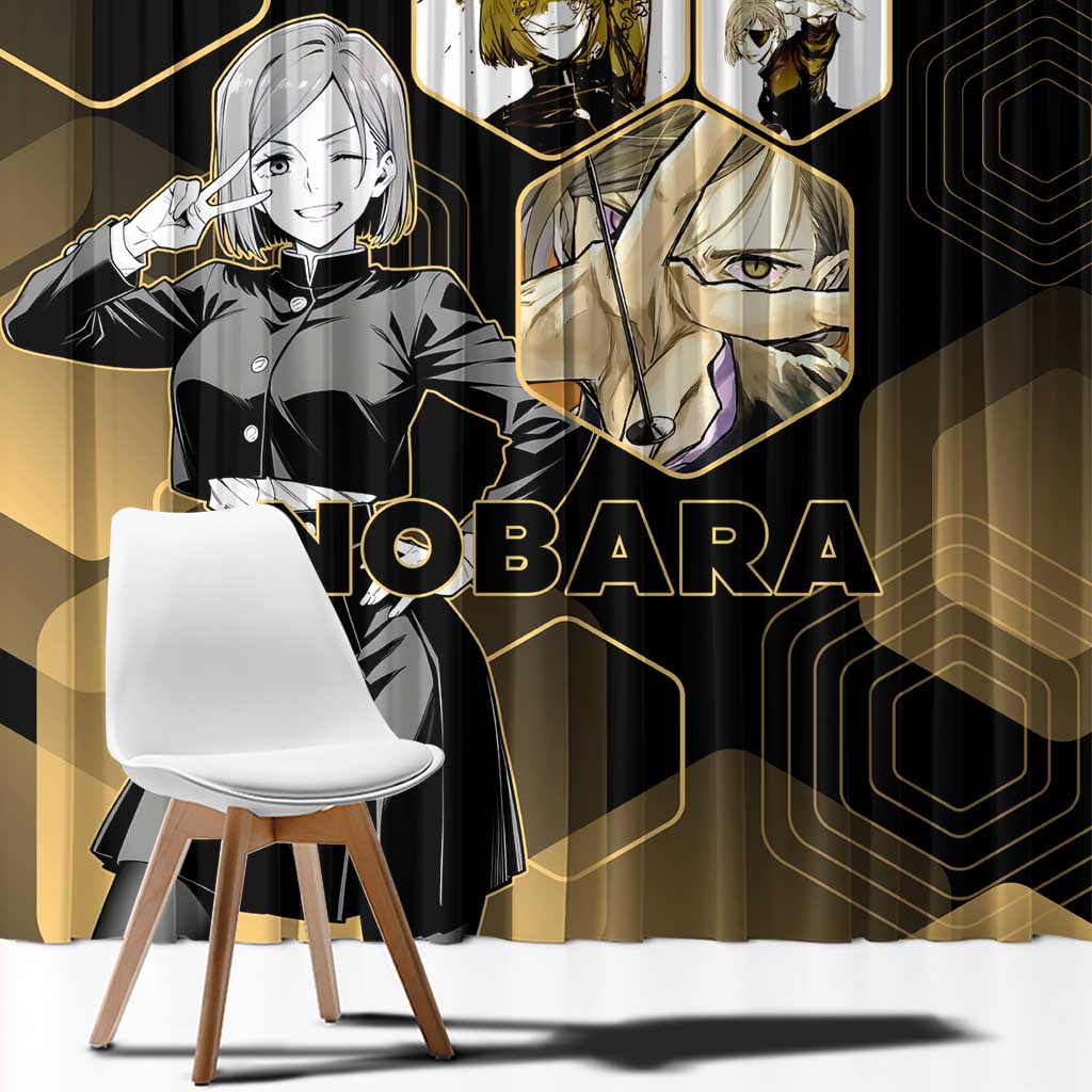 Nobara Kugisaki Jujutsu Kaisen Gold Hexagon Design Window Curtain with Confident Expressions and Manga Style Art - The Mazicc