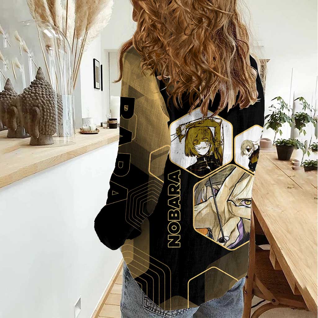 Nobara Kugisaki Jujutsu Kaisen Gold Hexagon Design Women Casual Shirt with Confident Expressions and Manga Style Art - The Mazicc