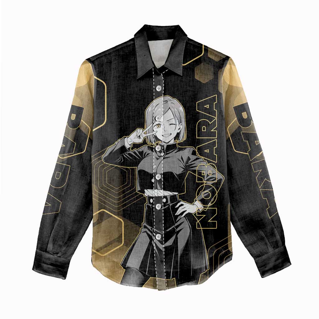 Nobara Kugisaki Jujutsu Kaisen Gold Hexagon Design Women Casual Shirt with Confident Expressions and Manga Style Art - The Mazicc