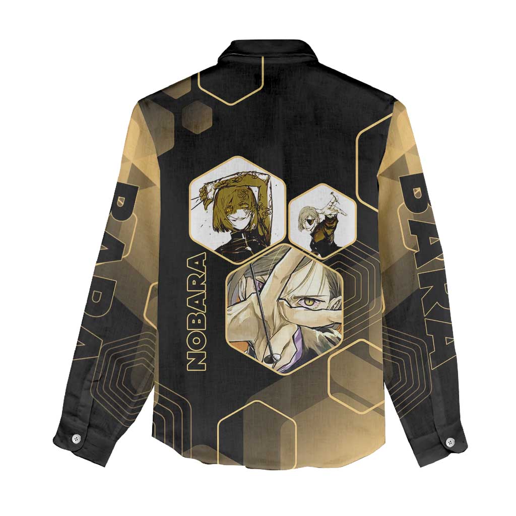 Nobara Kugisaki Jujutsu Kaisen Gold Hexagon Design Women Casual Shirt with Confident Expressions and Manga Style Art - The Mazicc