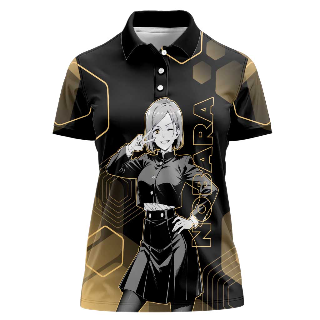 Nobara Kugisaki Jujutsu Kaisen Gold Hexagon Design Women Polo Shirt with Confident Expressions and Manga Style Art - The Mazicc