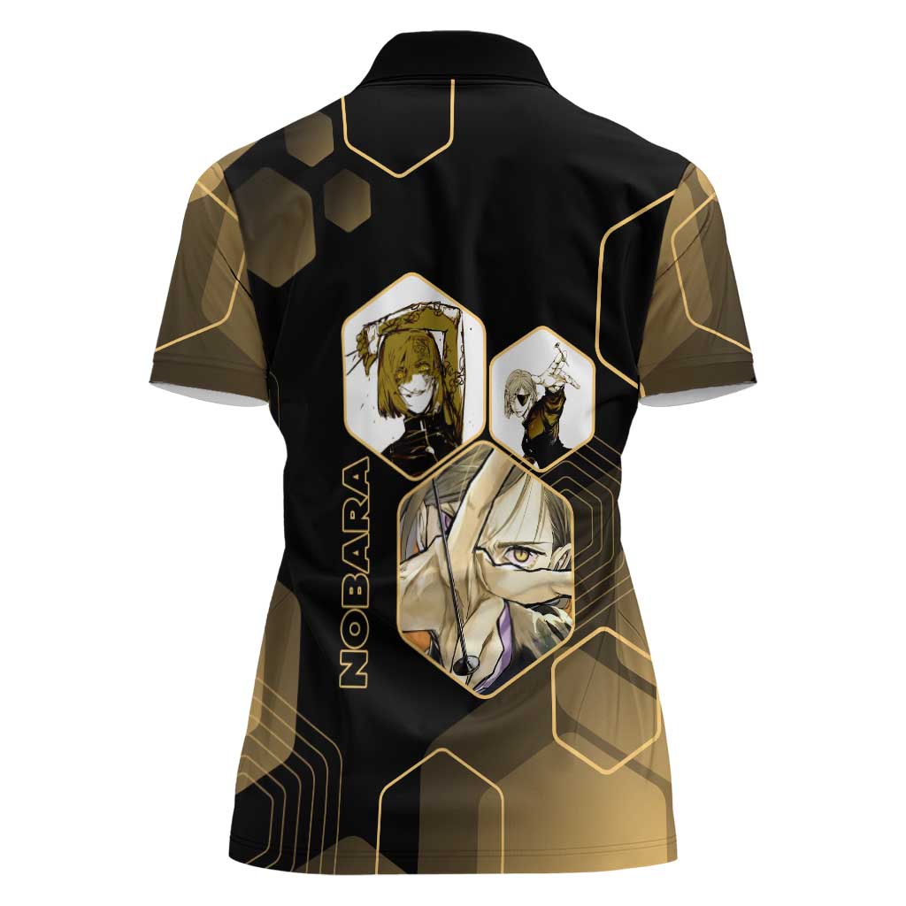 Nobara Kugisaki Jujutsu Kaisen Gold Hexagon Design Women Polo Shirt with Confident Expressions and Manga Style Art - The Mazicc