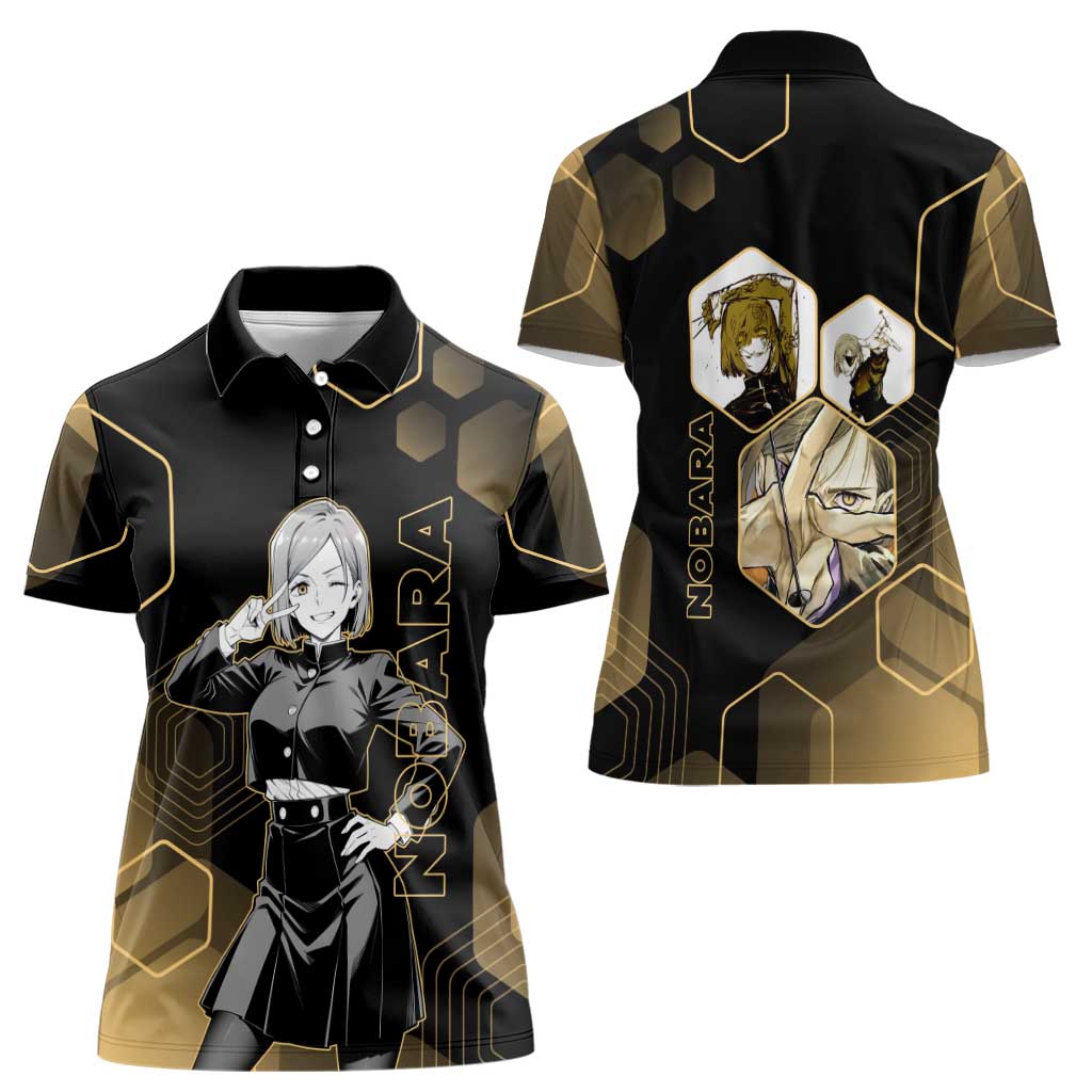 Nobara Kugisaki Jujutsu Kaisen Gold Hexagon Design Women Polo Shirt with Confident Expressions and Manga Style Art - The Mazicc
