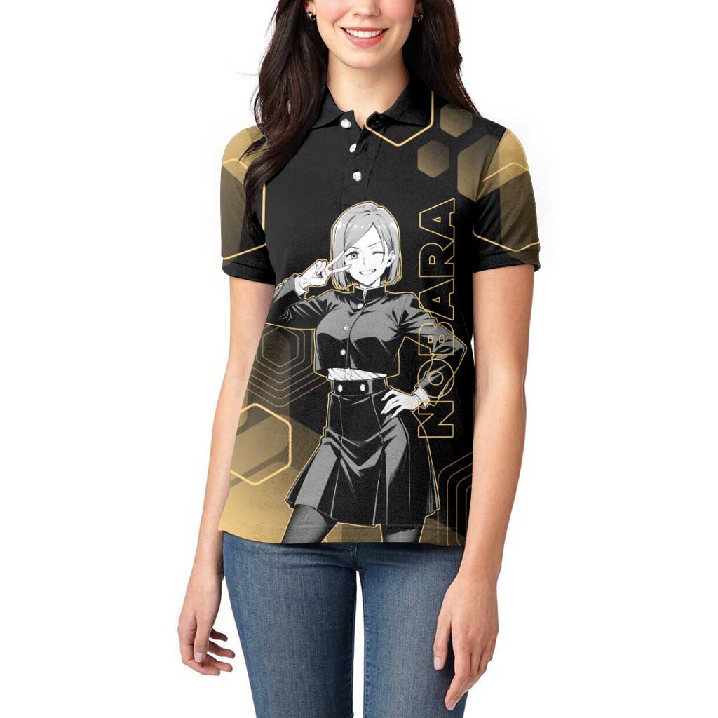Nobara Kugisaki Jujutsu Kaisen Gold Hexagon Design Women Polo Shirt with Confident Expressions and Manga Style Art - The Mazicc