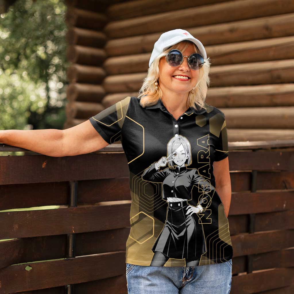 Nobara Kugisaki Jujutsu Kaisen Gold Hexagon Design Women Polo Shirt with Confident Expressions and Manga Style Art - The Mazicc