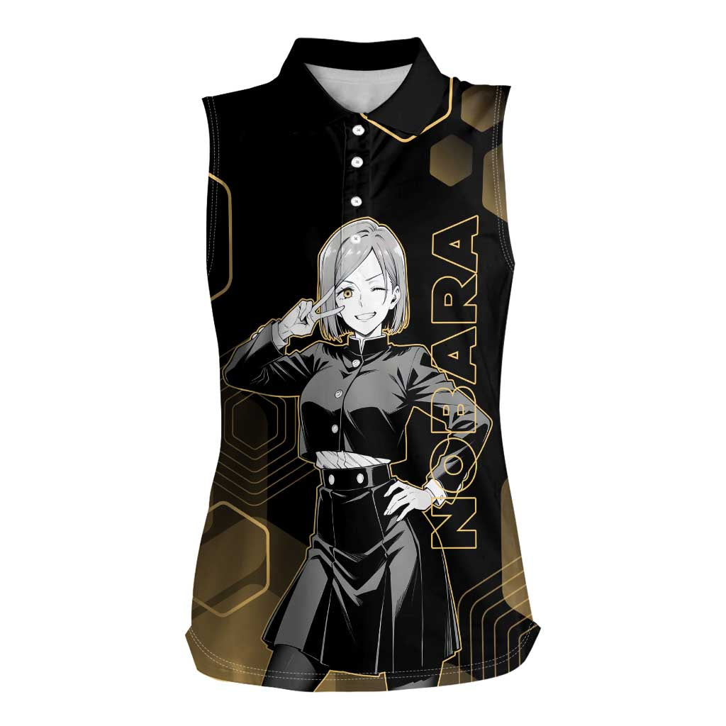 Nobara Kugisaki Jujutsu Kaisen Gold Hexagon Design Women Sleeveless Polo Shirt with Confident Expressions and Manga Style Art - The Mazicc