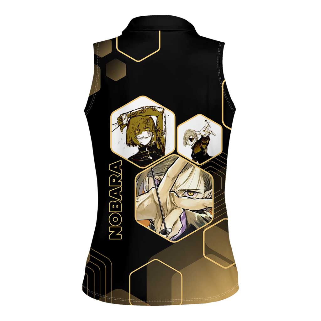 Nobara Kugisaki Jujutsu Kaisen Gold Hexagon Design Women Sleeveless Polo Shirt with Confident Expressions and Manga Style Art - The Mazicc