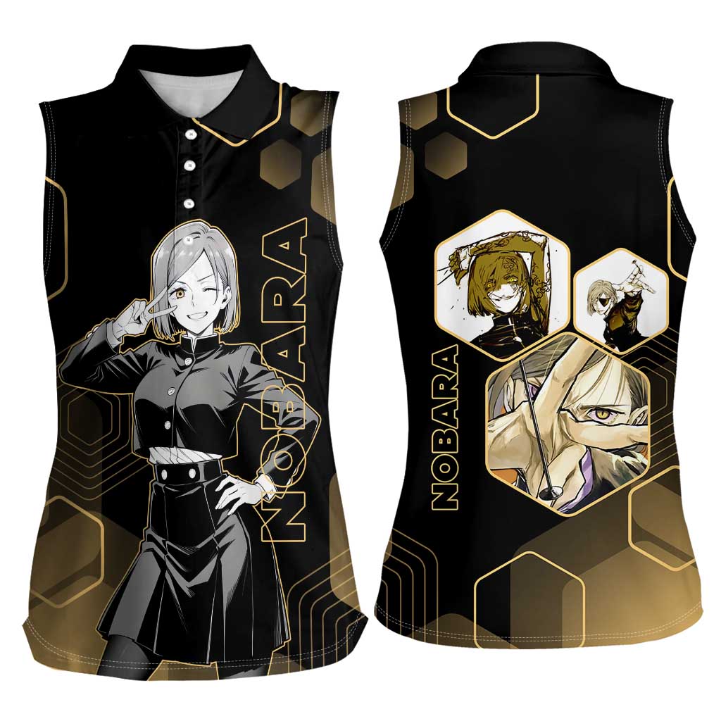 Nobara Kugisaki Jujutsu Kaisen Gold Hexagon Design Women Sleeveless Polo Shirt with Confident Expressions and Manga Style Art - The Mazicc