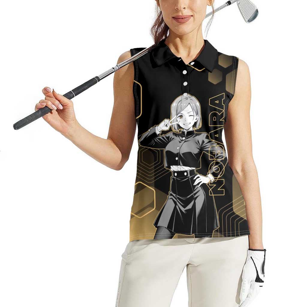 Nobara Kugisaki Jujutsu Kaisen Gold Hexagon Design Women Sleeveless Polo Shirt with Confident Expressions and Manga Style Art - The Mazicc