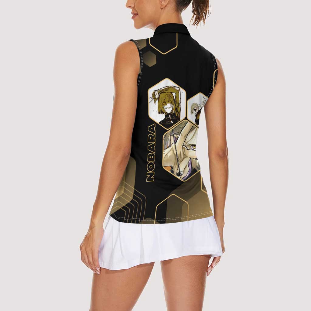 Nobara Kugisaki Jujutsu Kaisen Gold Hexagon Design Women Sleeveless Polo Shirt with Confident Expressions and Manga Style Art - The Mazicc