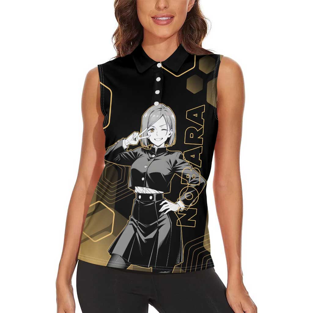Nobara Kugisaki Jujutsu Kaisen Gold Hexagon Design Women Sleeveless Polo Shirt with Confident Expressions and Manga Style Art - The Mazicc