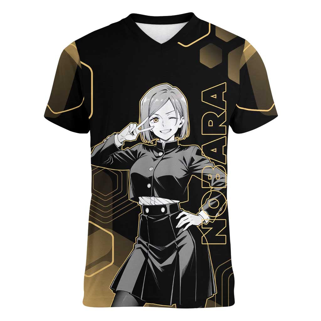 Nobara Kugisaki Jujutsu Kaisen Gold Hexagon Design Women V-Neck T-Shirt with Confident Expressions and Manga Style Art - The Mazicc