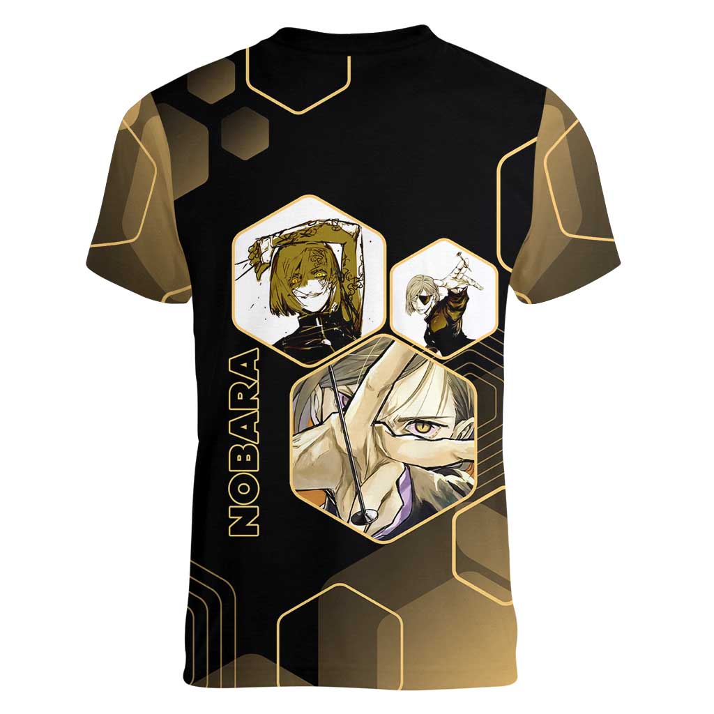 Nobara Kugisaki Jujutsu Kaisen Gold Hexagon Design Women V-Neck T-Shirt with Confident Expressions and Manga Style Art - The Mazicc