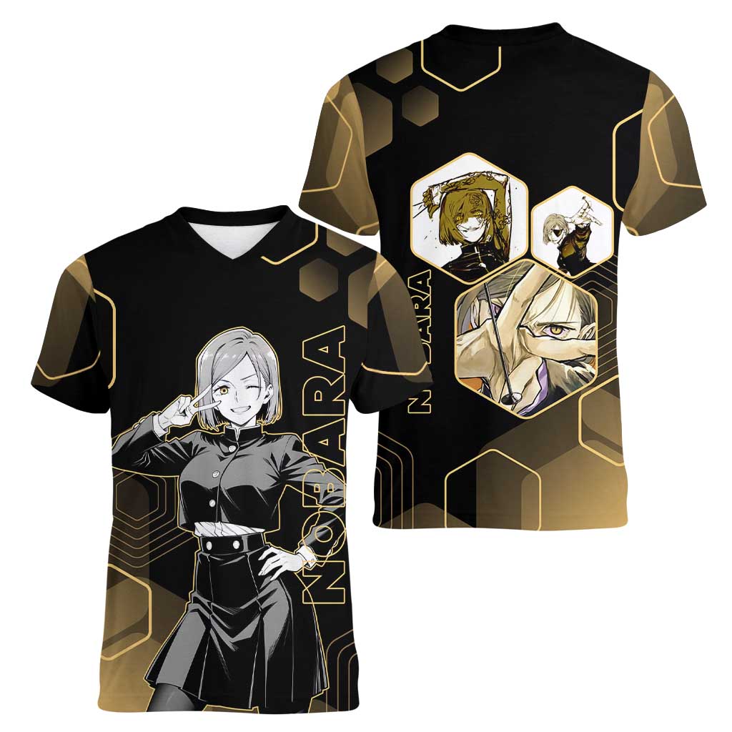 Nobara Kugisaki Jujutsu Kaisen Gold Hexagon Design Women V-Neck T-Shirt with Confident Expressions and Manga Style Art - The Mazicc