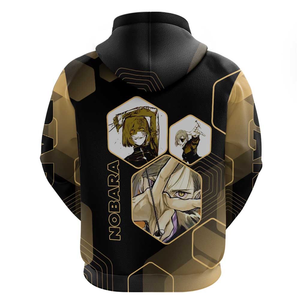 Nobara Kugisaki Jujutsu Kaisen Gold Hexagon Design Zip Hoodie with Confident Expressions and Manga Style Art - The Mazicc